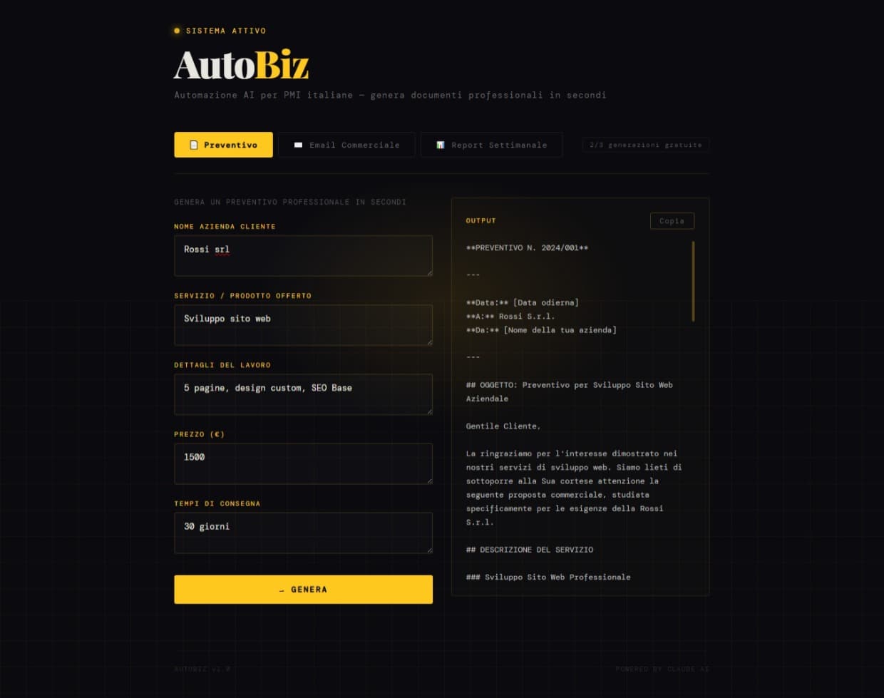 Schermata dell'app AutoBiz con generazione preventivo tramite AI